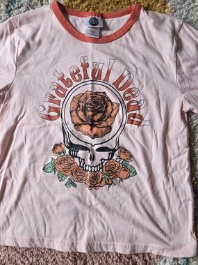 Grateful Dead Pink and Coral Rose Skull Ringer Tee